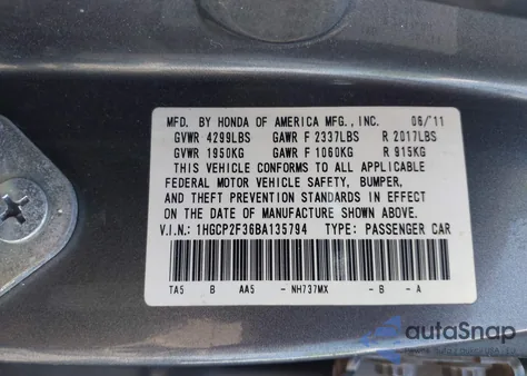 2011 Honda Accord 2.4 Lx from USA, damaged, VIN 1HGCP2F36BA135794